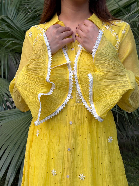 Yellow Mal chikankari Dress With Bell Sleeves