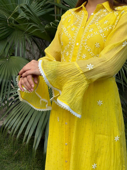 Yellow Mal chikankari Dress With Bell Sleeves