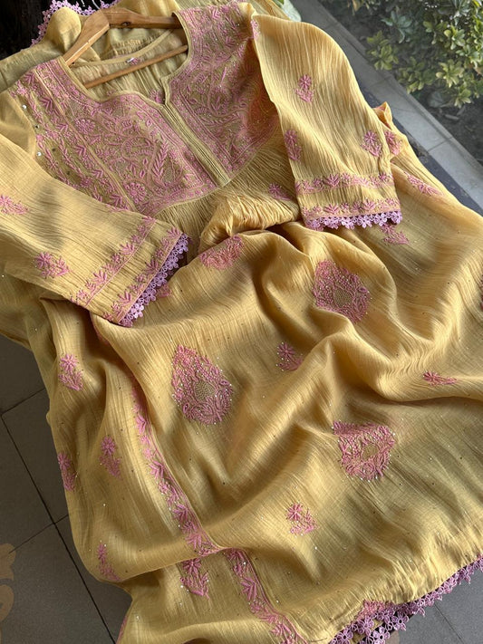Yellow | Malmal Mukaish Kamdani Chikankari Stitched Kurta Dupatta Set