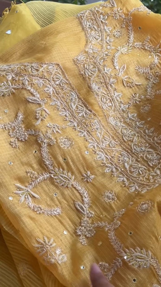 Yellow Mirror work Tussar Kota Chikankari Kurta set fabric