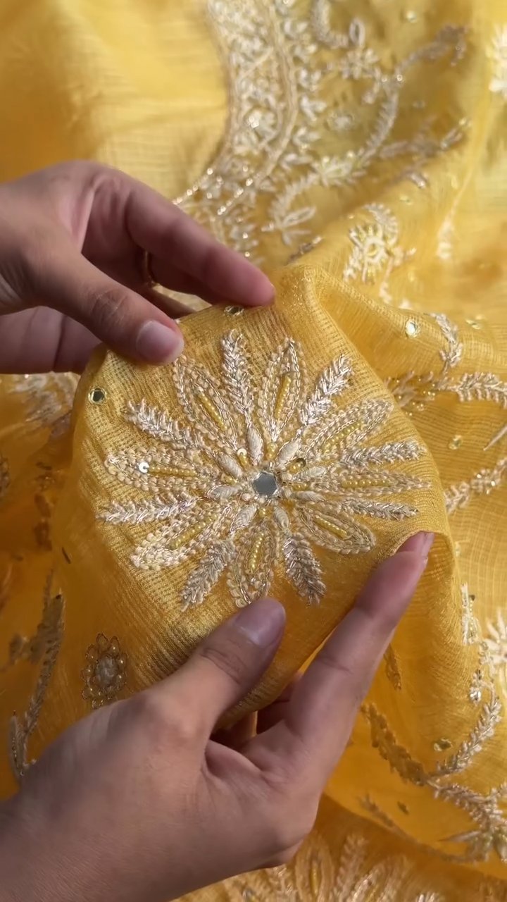Yellow Mirror work Tussar Kota Chikankari Kurta set fabric