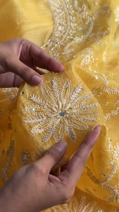 Yellow Mirror work Tussar Kota Chikankari Kurta set fabric