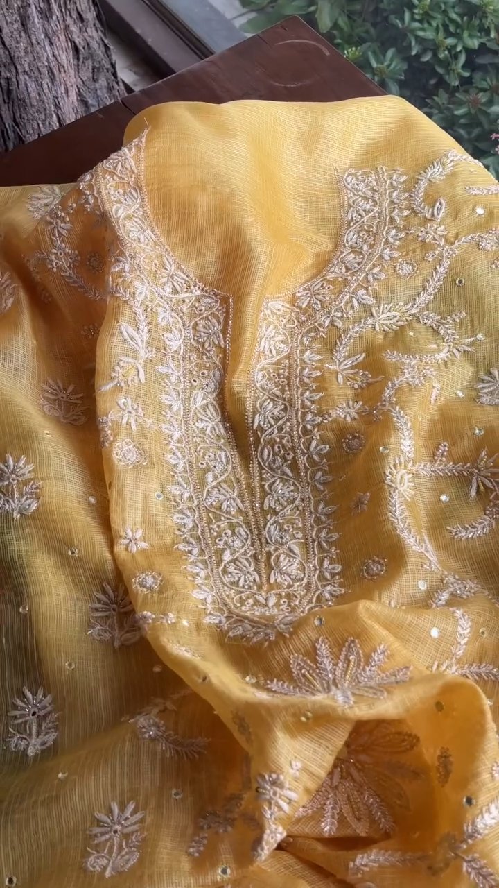 Yellow Mirror work Tussar Kota Chikankari Kurta set fabric