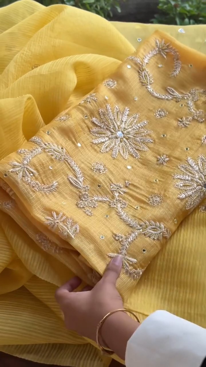 Yellow Mirror work Tussar Kota Chikankari Kurta set fabric