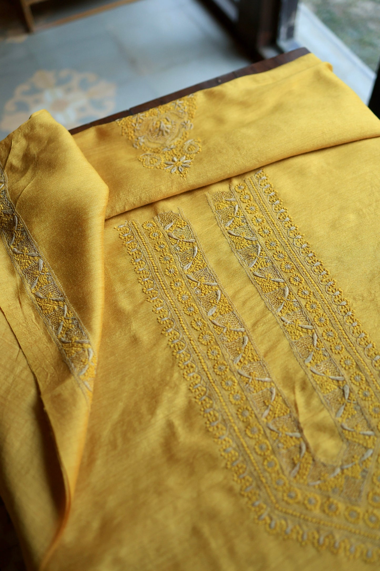 Yellow Moonga Silk Chikankari Men’s Kurta Fabric