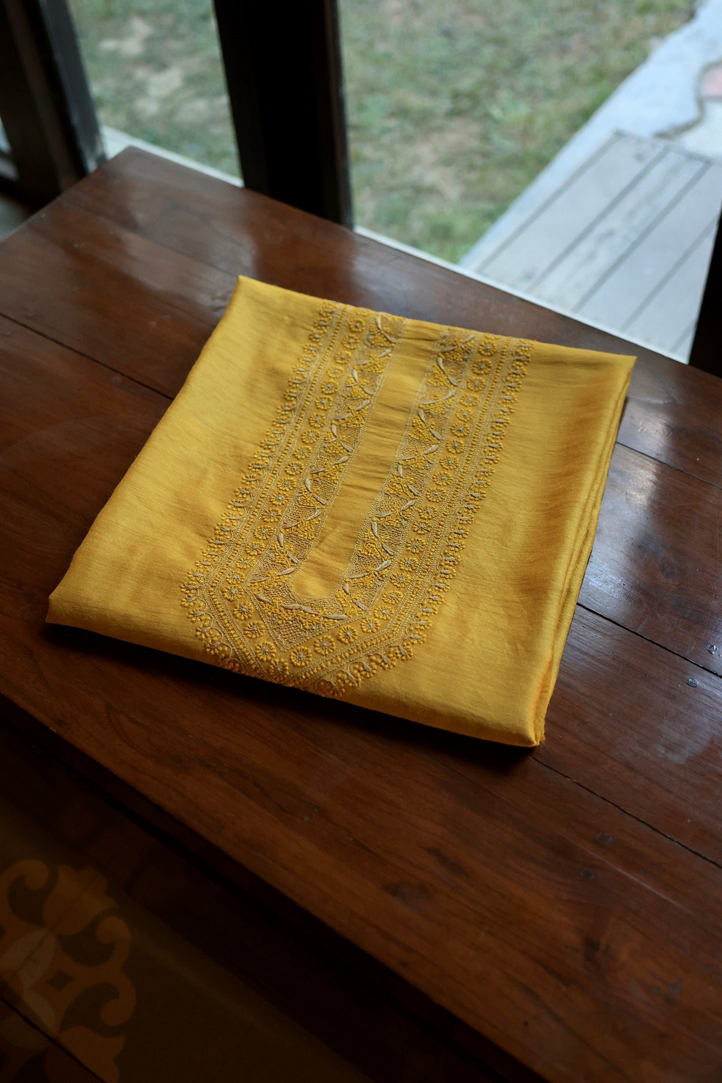 Yellow Moonga Silk Chikankari Men’s Kurta Fabric