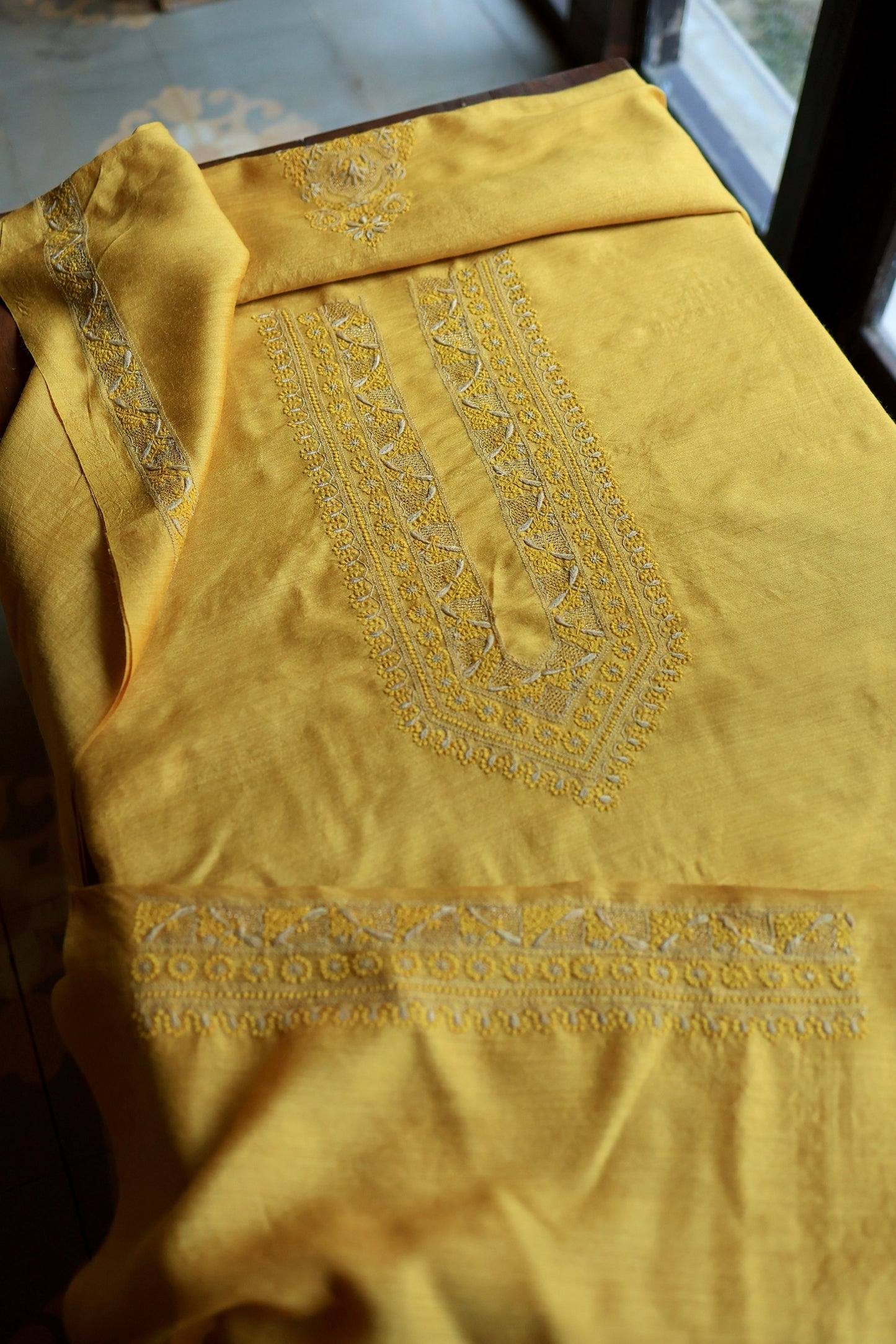 Yellow Moonga Silk Chikankari Men’s Kurta Fabric