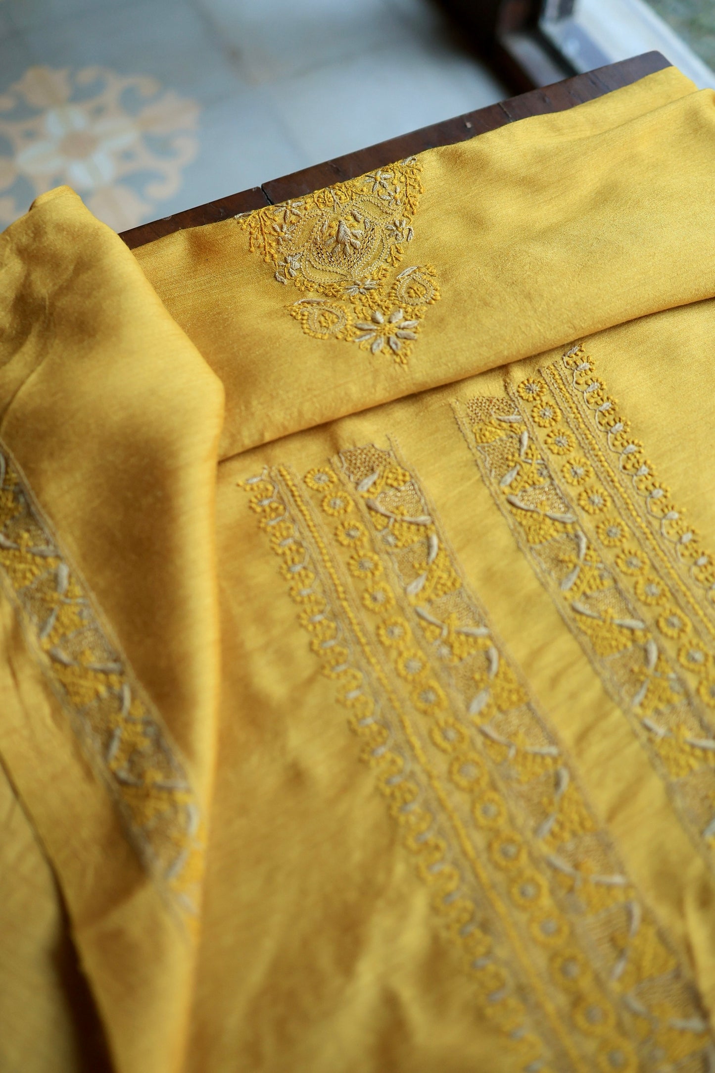 Yellow Moonga Silk Chikankari Men’s Kurta Fabric