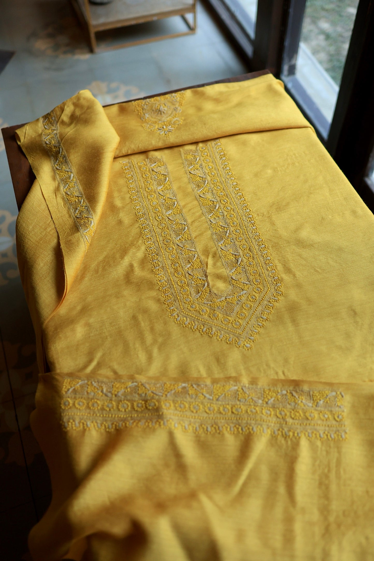 Yellow Moonga Silk Chikankari Men’s Kurta Fabric