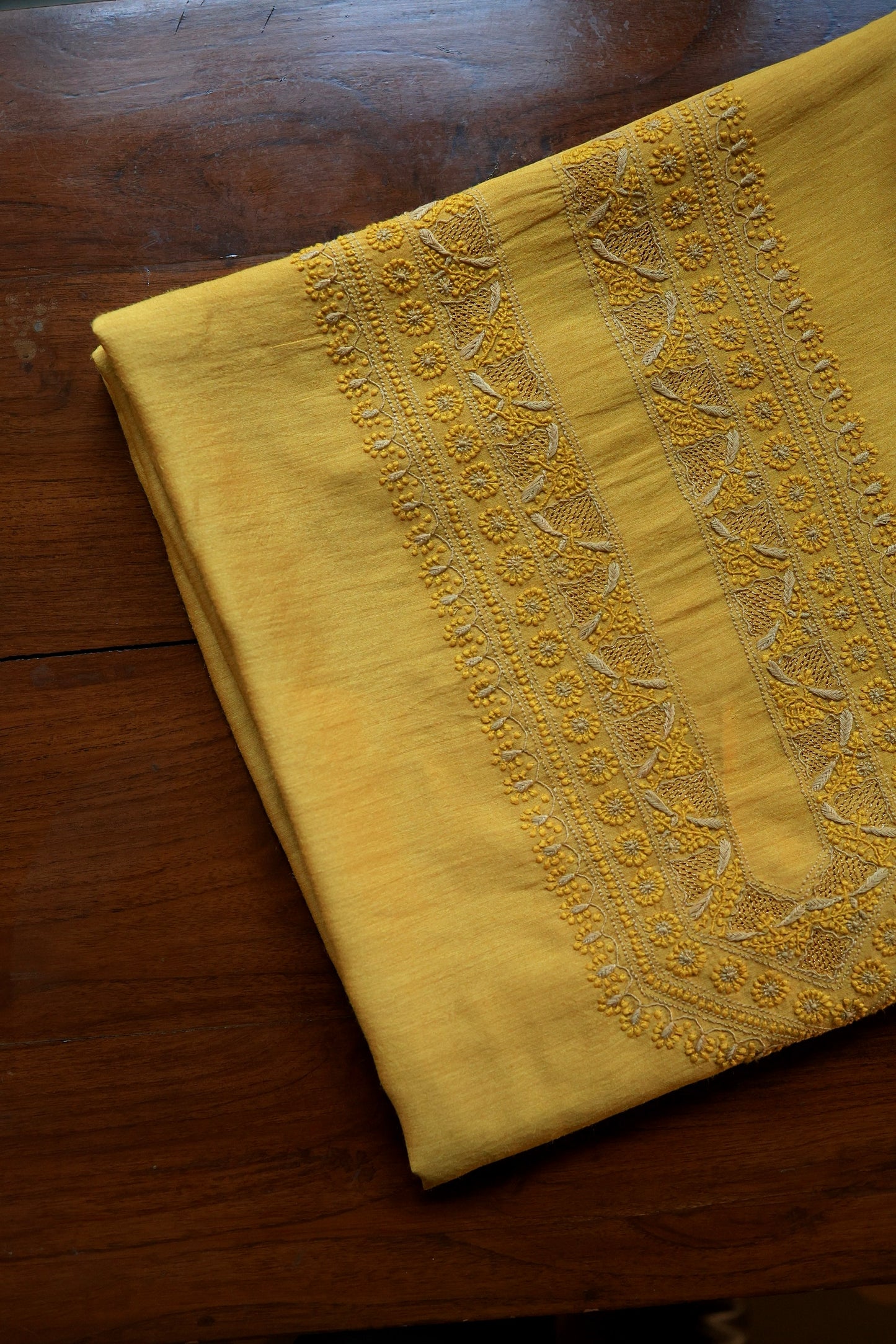 Yellow Moonga Silk Chikankari Men’s Kurta Fabric