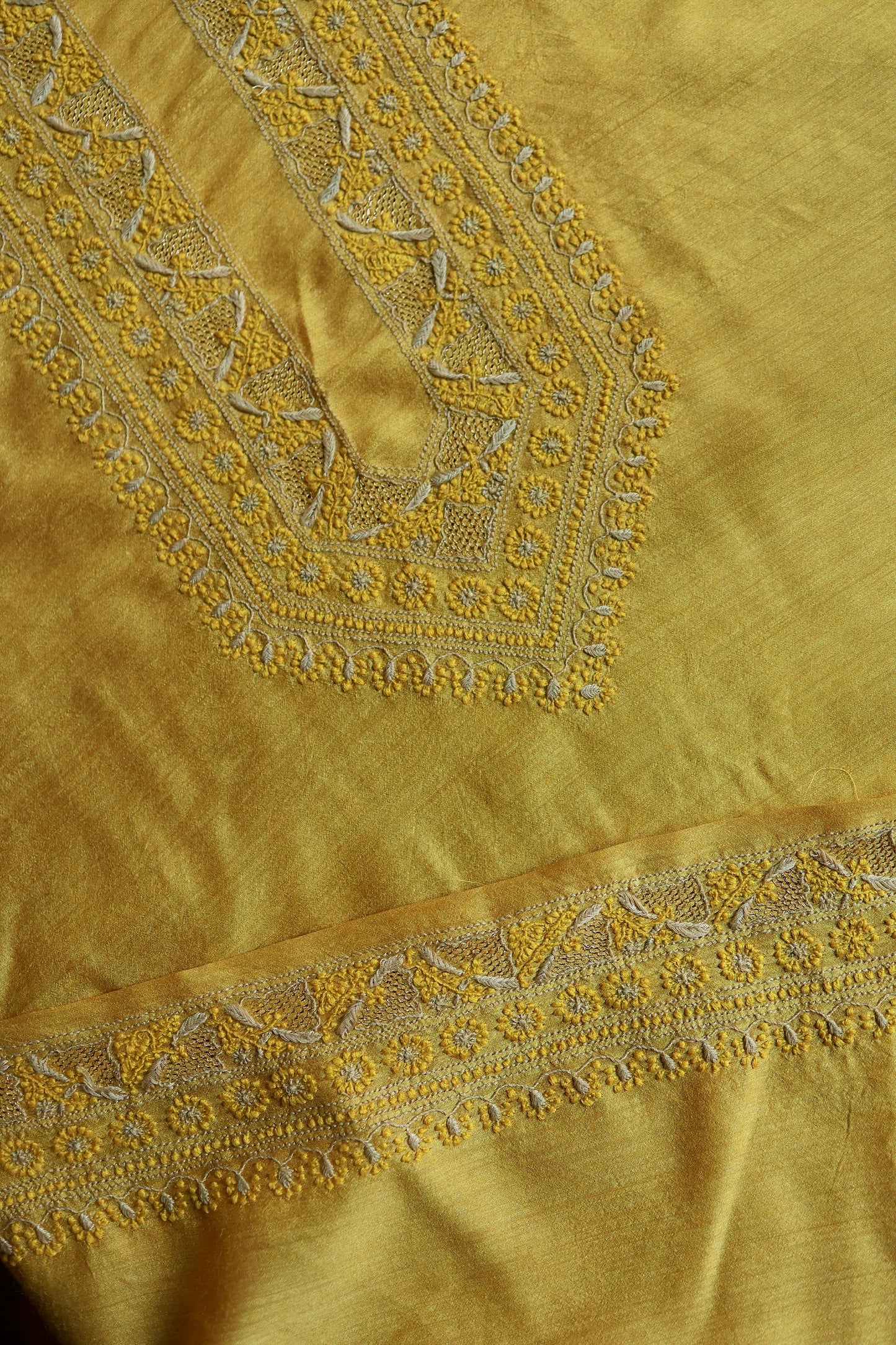 Yellow Moonga Silk Chikankari Men’s Kurta Fabric