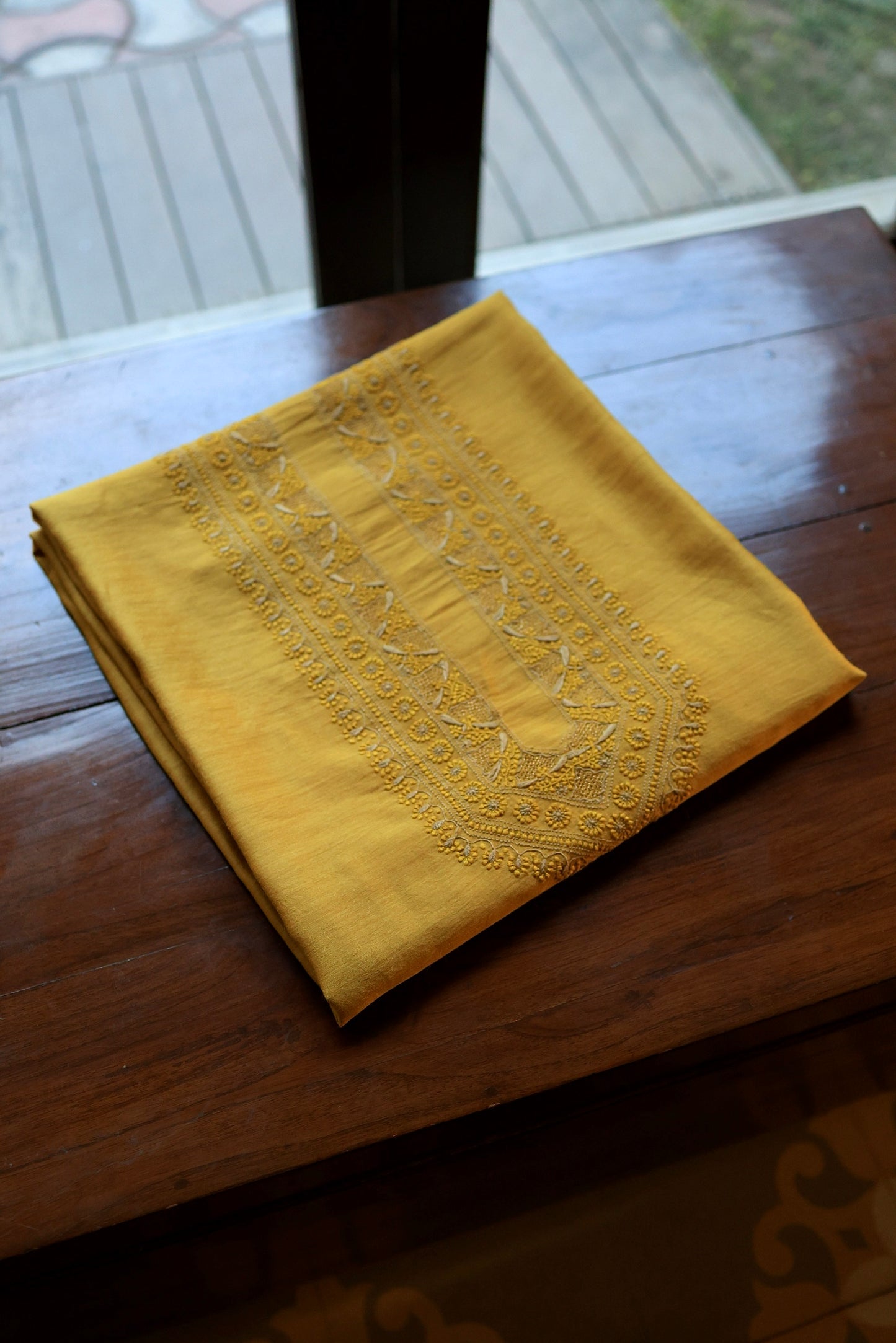 Yellow Moonga Silk Chikankari Men’s Kurta Fabric