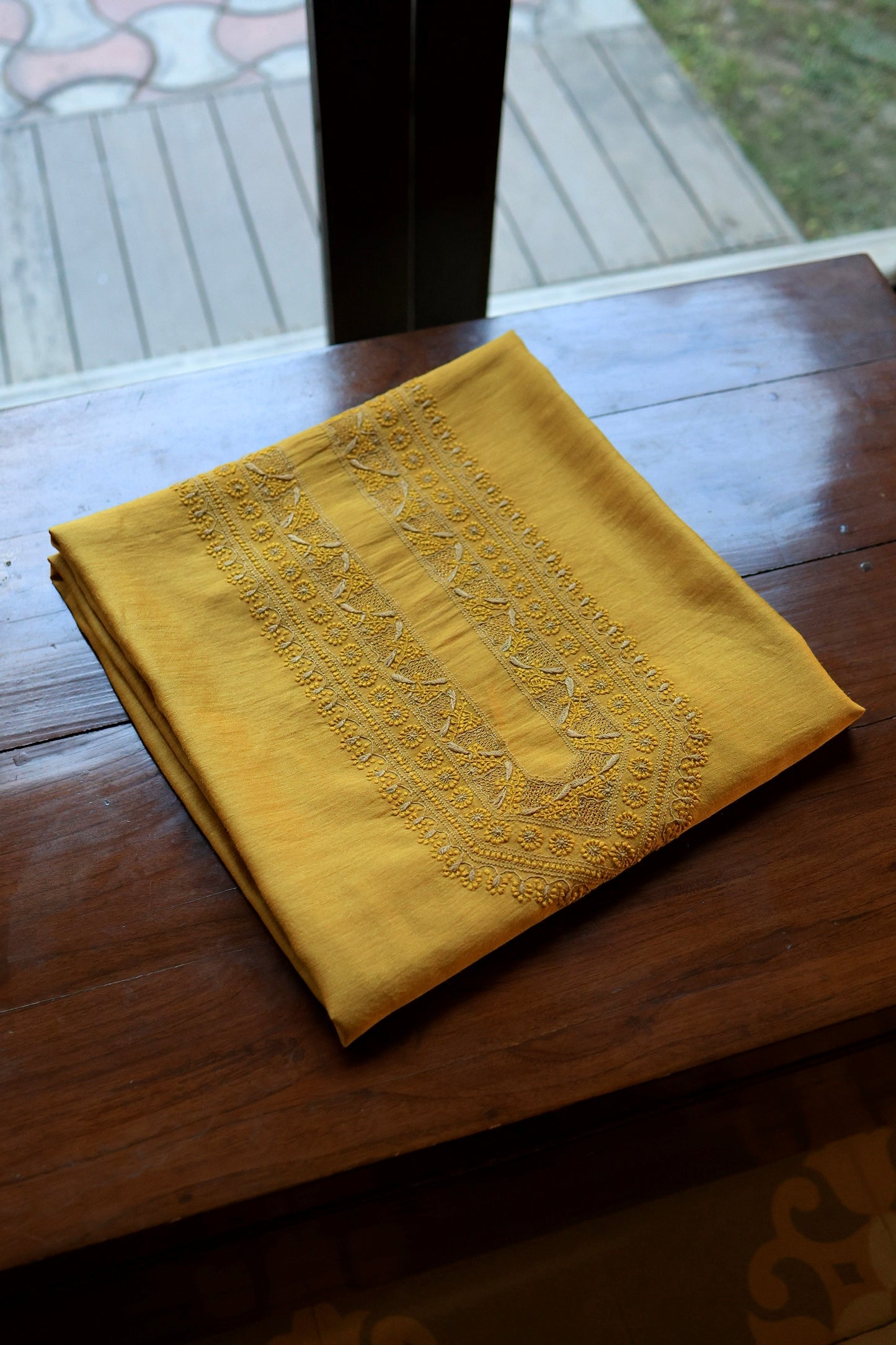 Yellow Moonga Silk Chikankari Men’s Kurta Fabric