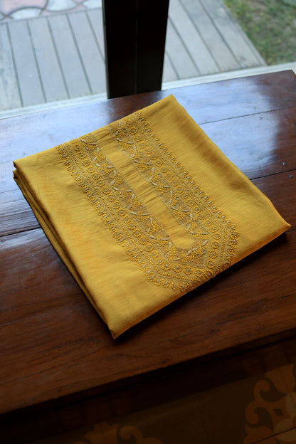 Yellow Moonga Silk Chikankari Men’s Kurta Fabric
