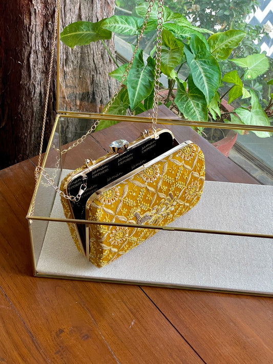 Yellow Moonga Silk Magenta Peacock Motif Chikankari Handle Sling Clutch