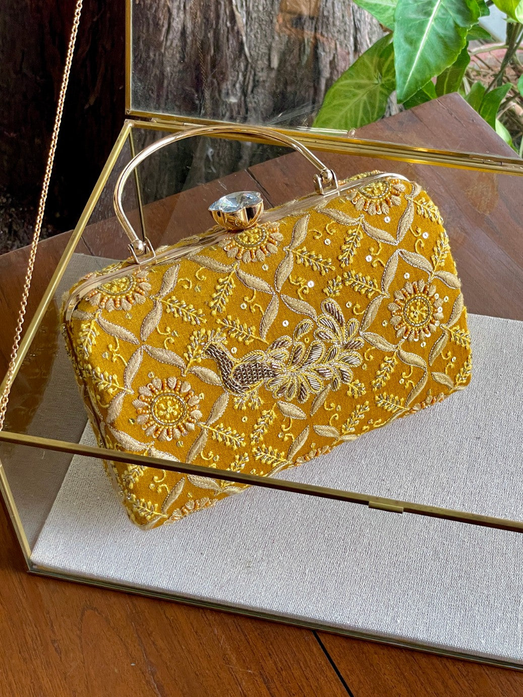 Yellow Moonga Silk Magenta Peacock Motif Chikankari Handle Sling Clutch