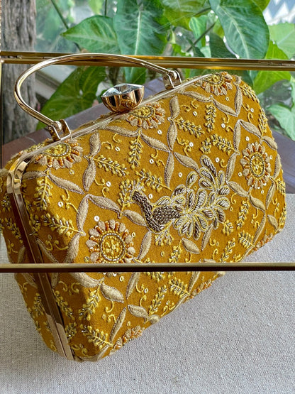 Yellow Moonga Silk Magenta Peacock Motif Chikankari Handle Sling Clutch