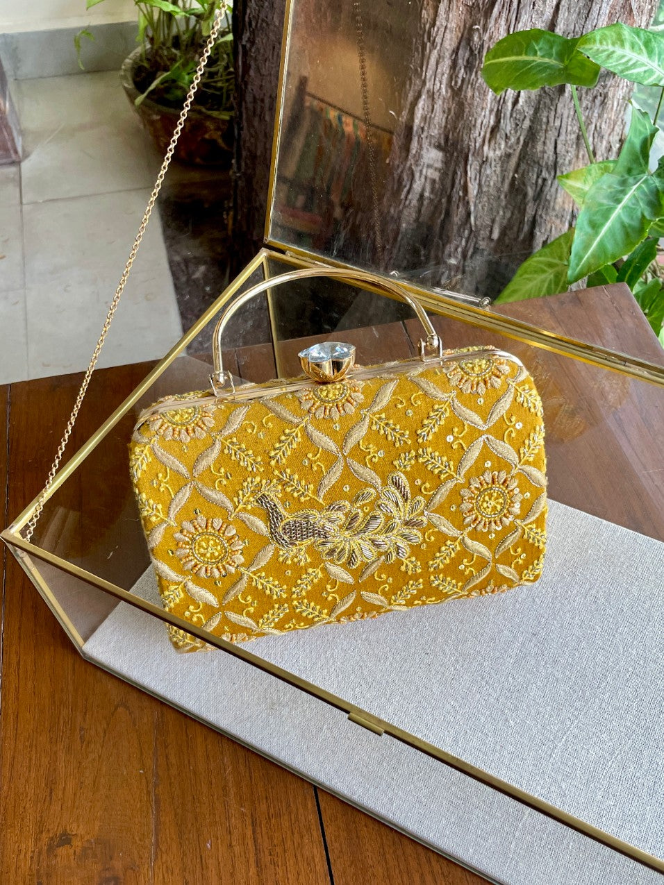Yellow Moonga Silk Magenta Peacock Motif Chikankari Handle Sling Clutch