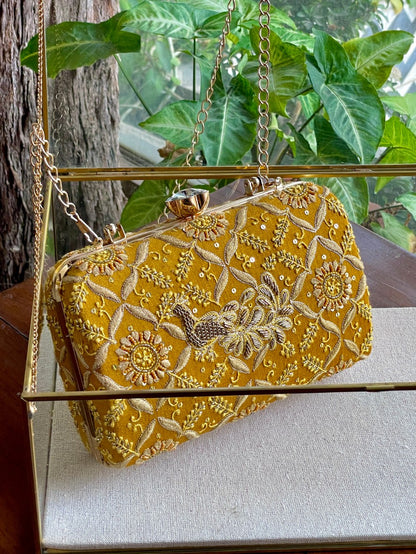 Yellow Moonga Silk Magenta Peacock Motif Chikankari Handle Sling Clutch