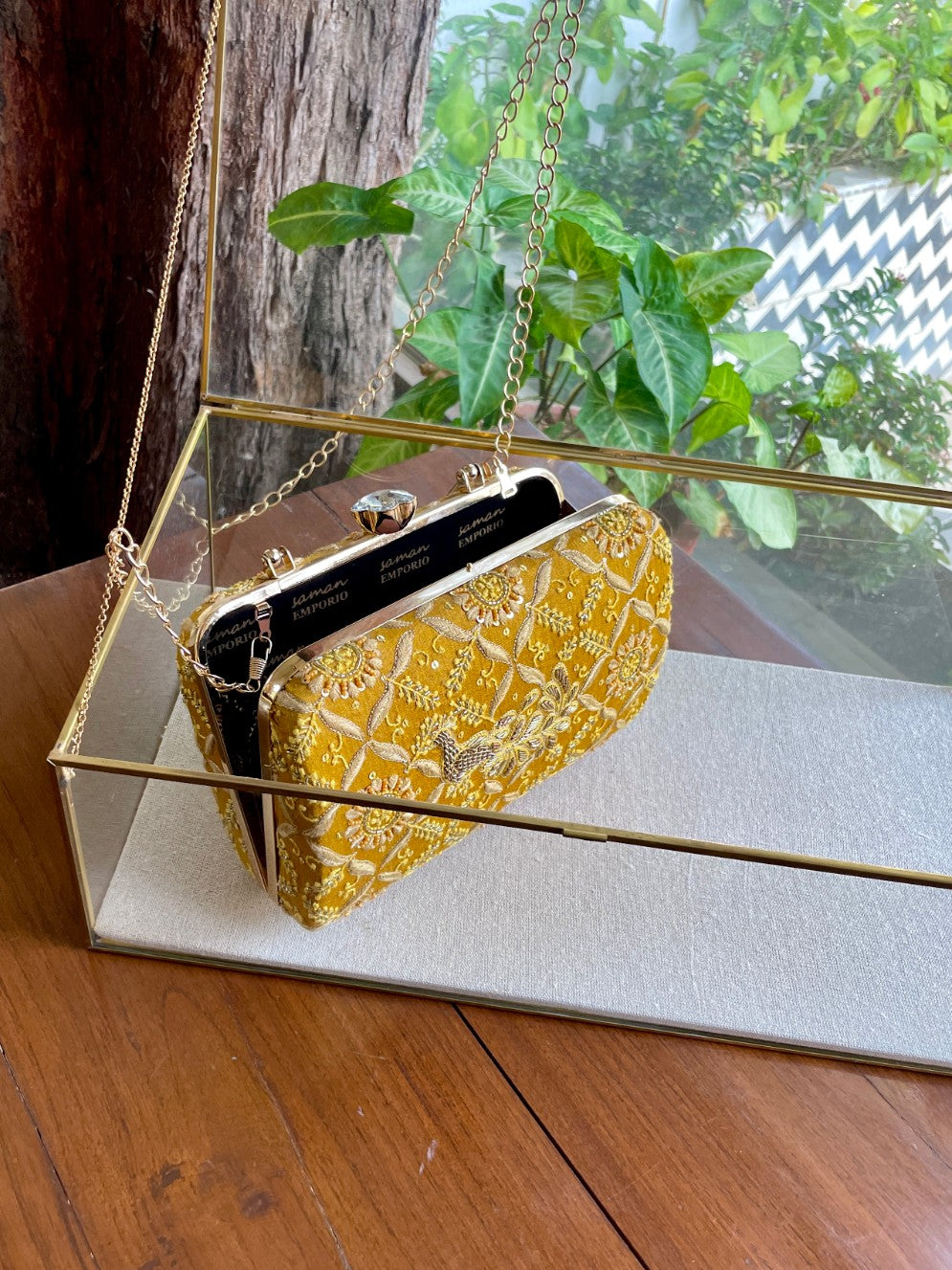 Yellow Moonga Silk Magenta Peacock Motif Chikankari Handle Sling Clutch