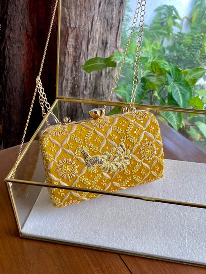 Yellow Moonga Silk Magenta Peacock Motif Chikankari Handle Sling Clutch