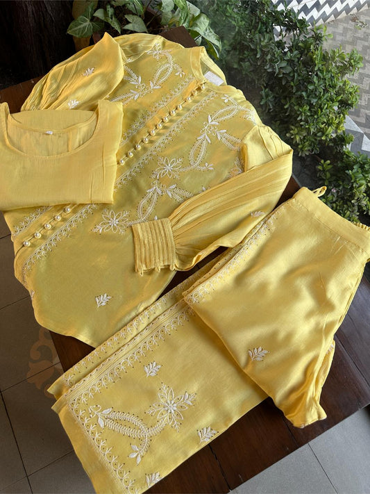 Yellow Shade Chanderi Chikankari Co-Ord Set
