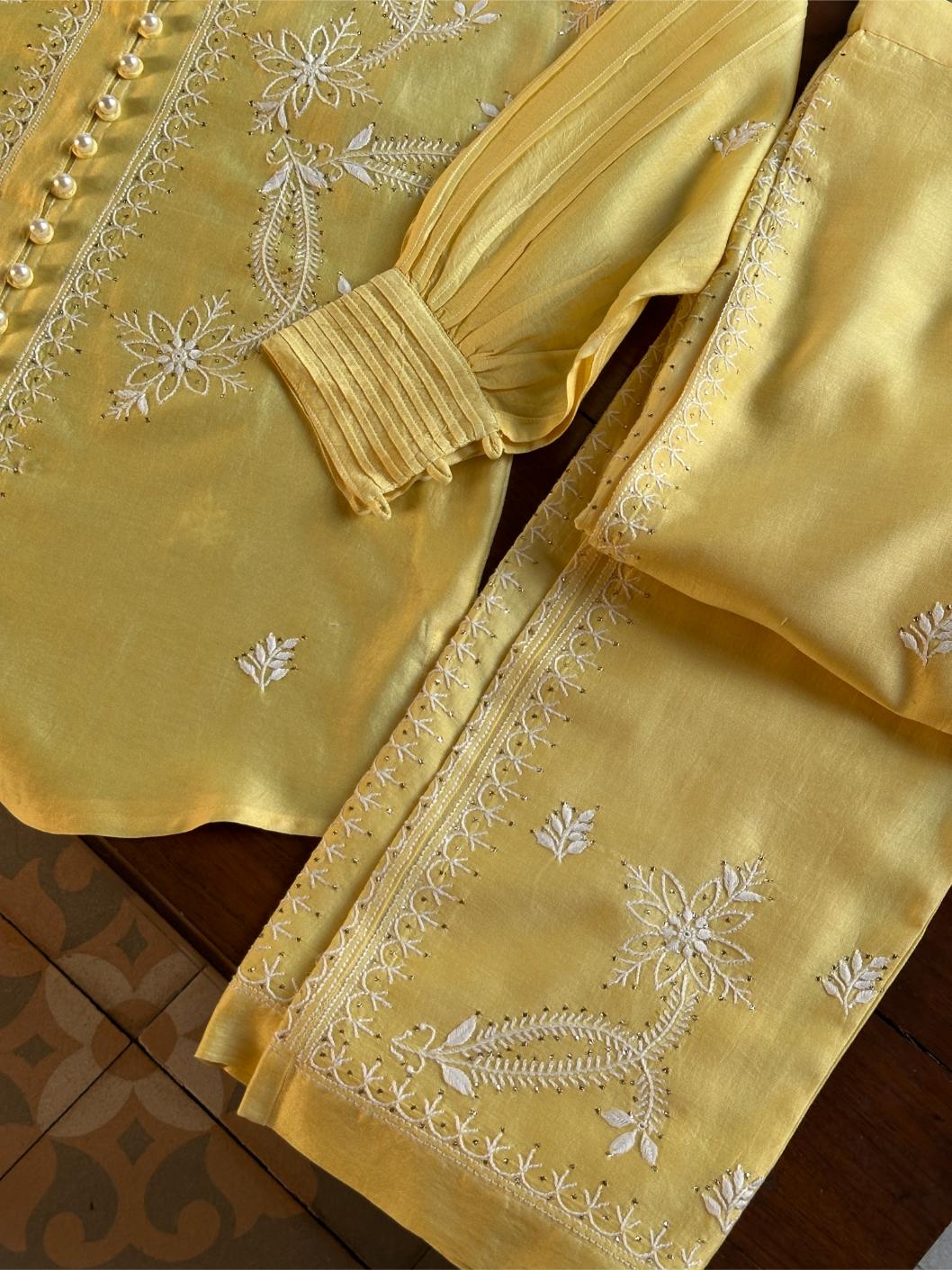 Yellow Shade Chanderi Chikankari Co-Ord Set