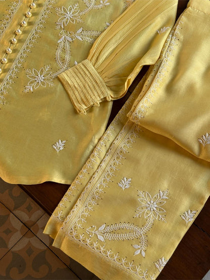 Yellow Shade Chanderi Chikankari Co-Ord Set