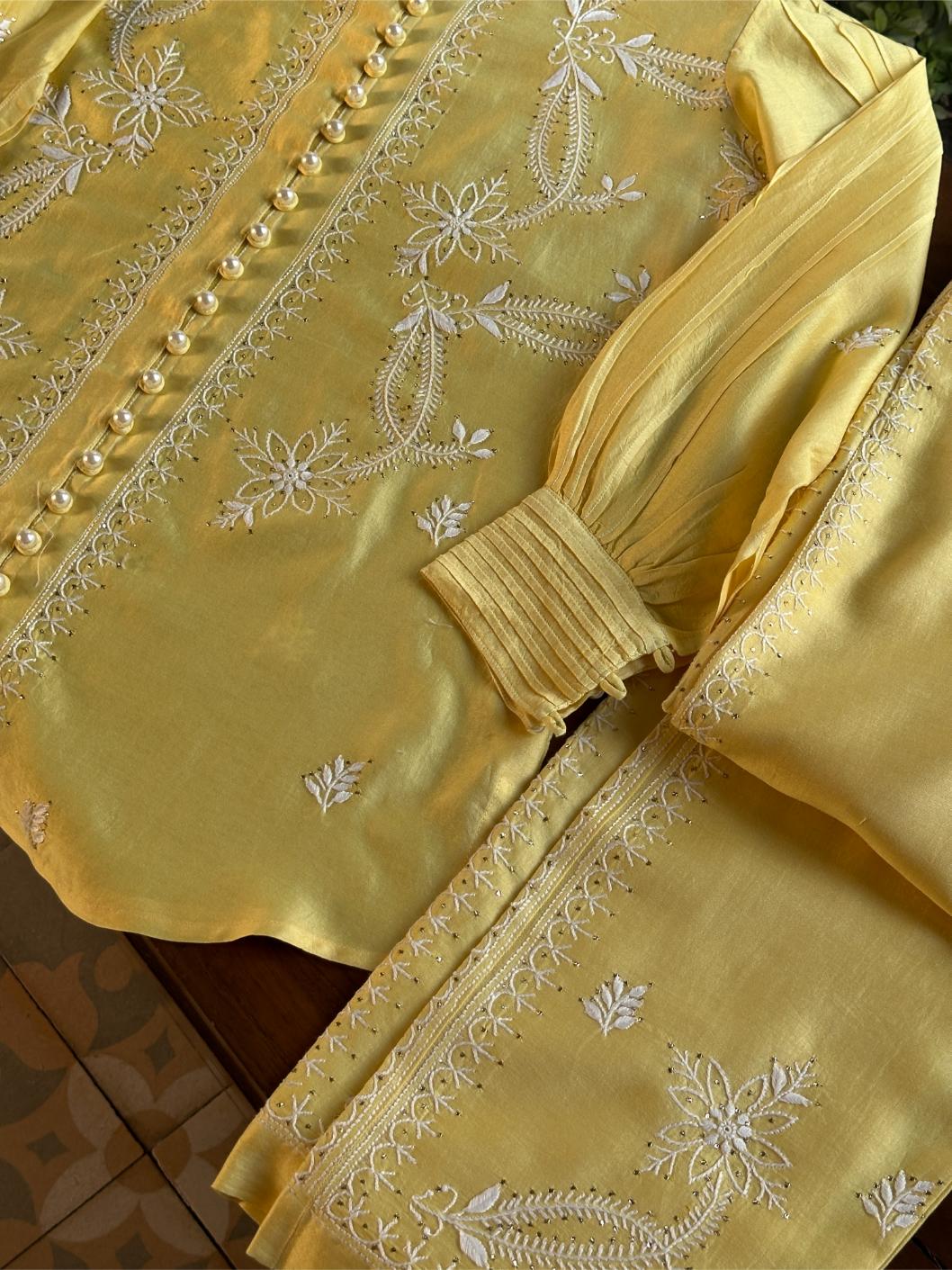 Yellow Shade Chanderi Chikankari Co-Ord Set
