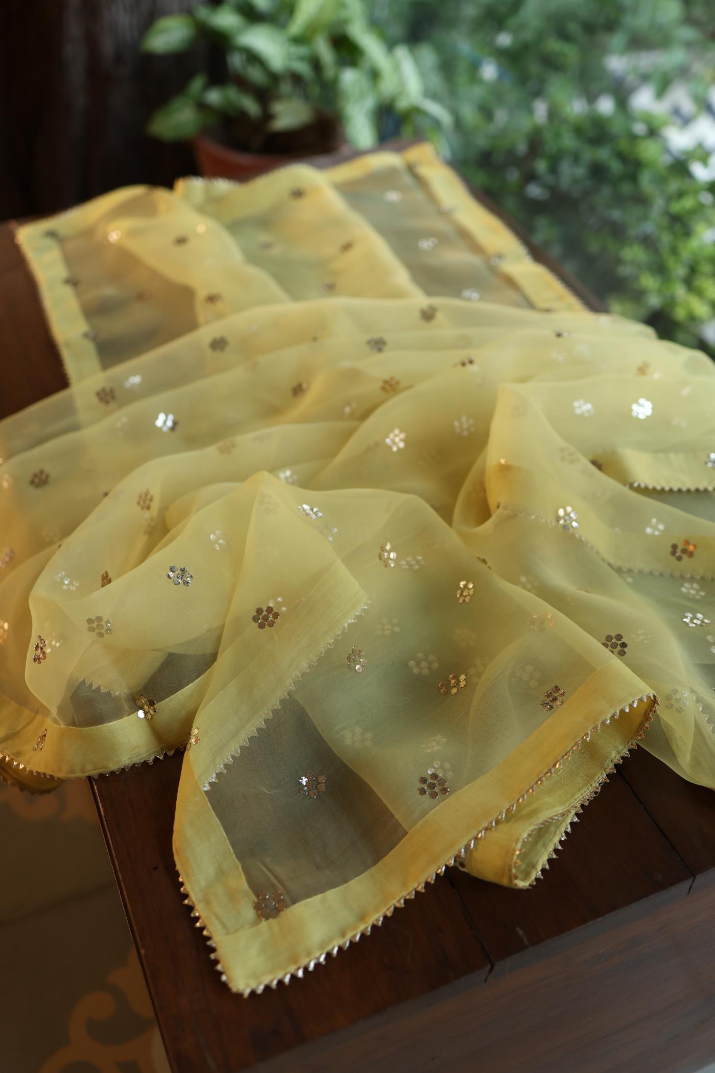 Yellow Shade Chanderi Silk Mukaish Badla Unstitched Fabric