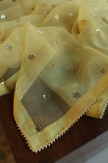 Yellow Shade Chanderi Silk Mukaish Badla Unstitched Fabric