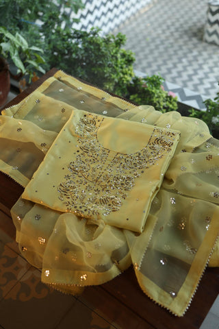 Yellow Shade Chanderi Silk Mukaish Badla Unstitched Fabric