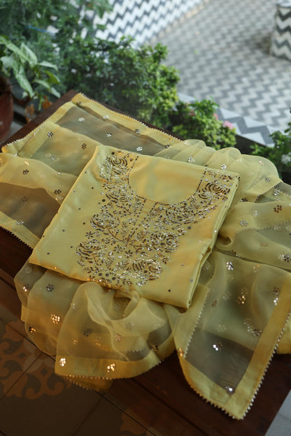 Yellow Shade Chanderi Silk Mukaish Badla Unstitched Fabric