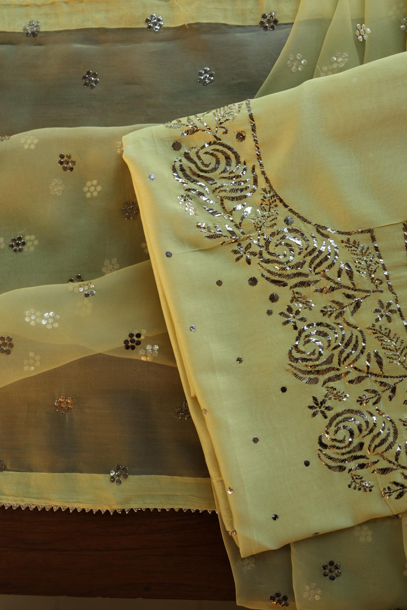 Yellow Shade Chanderi Silk Mukaish Badla Unstitched Fabric