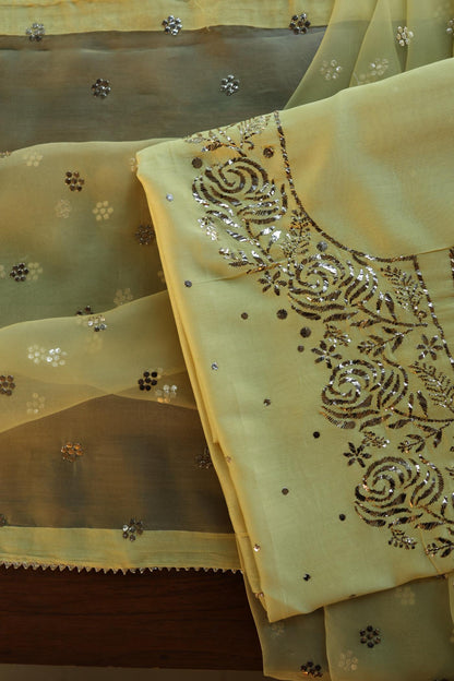 Yellow Shade Chanderi Silk Mukaish Badla Unstitched Fabric