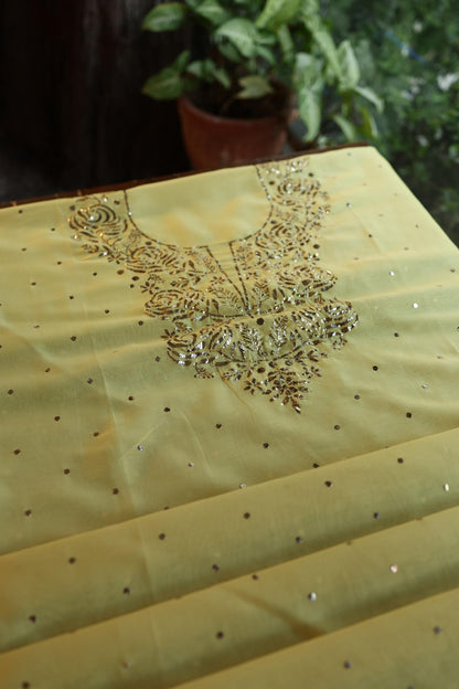 Yellow Shade Chanderi Silk Mukaish Badla Unstitched Fabric