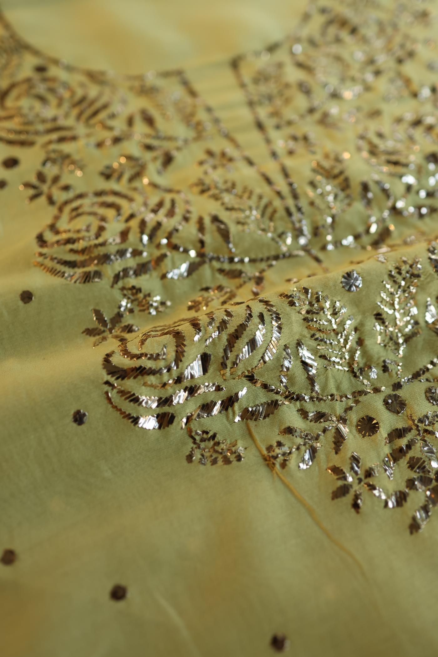 Yellow Shade Chanderi Silk Mukaish Badla Unstitched Fabric