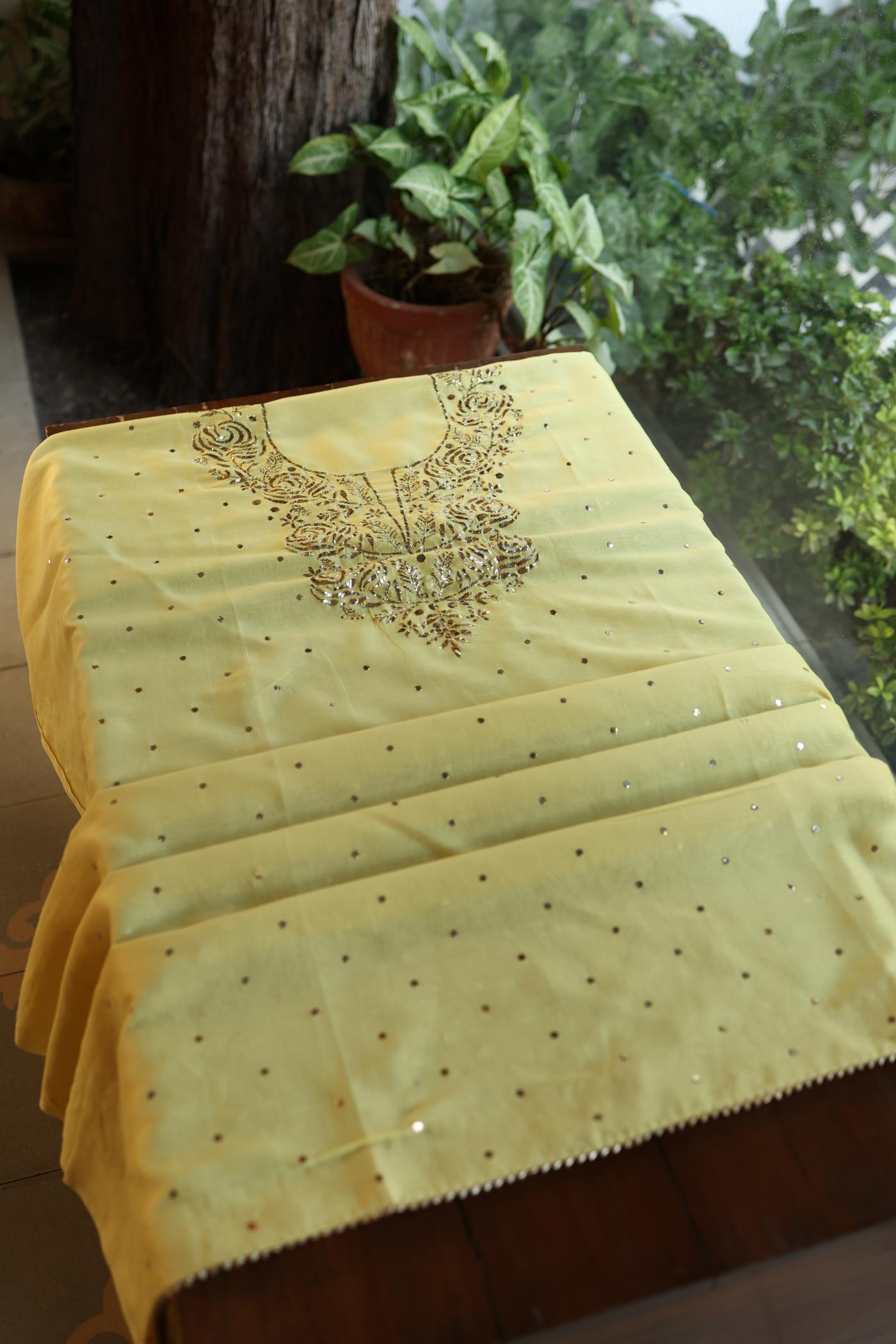 Yellow Shade Chanderi Silk Mukaish Badla Unstitched Fabric