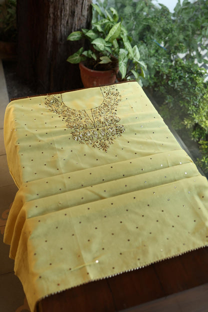 Yellow Shade Chanderi Silk Mukaish Badla Unstitched Fabric