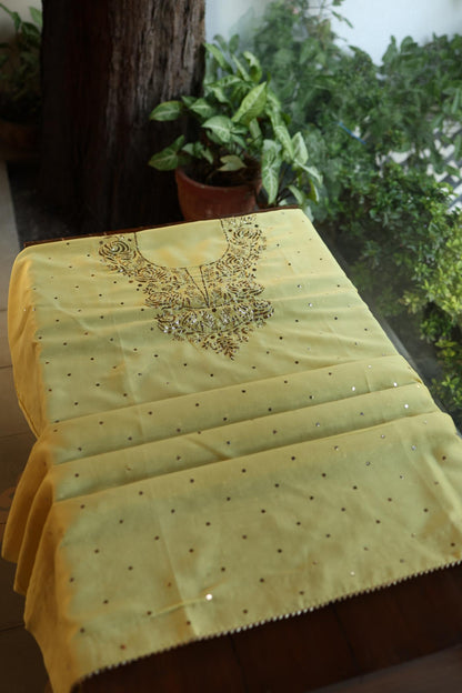 Yellow Shade Chanderi Silk Mukaish Badla Unstitched Fabric