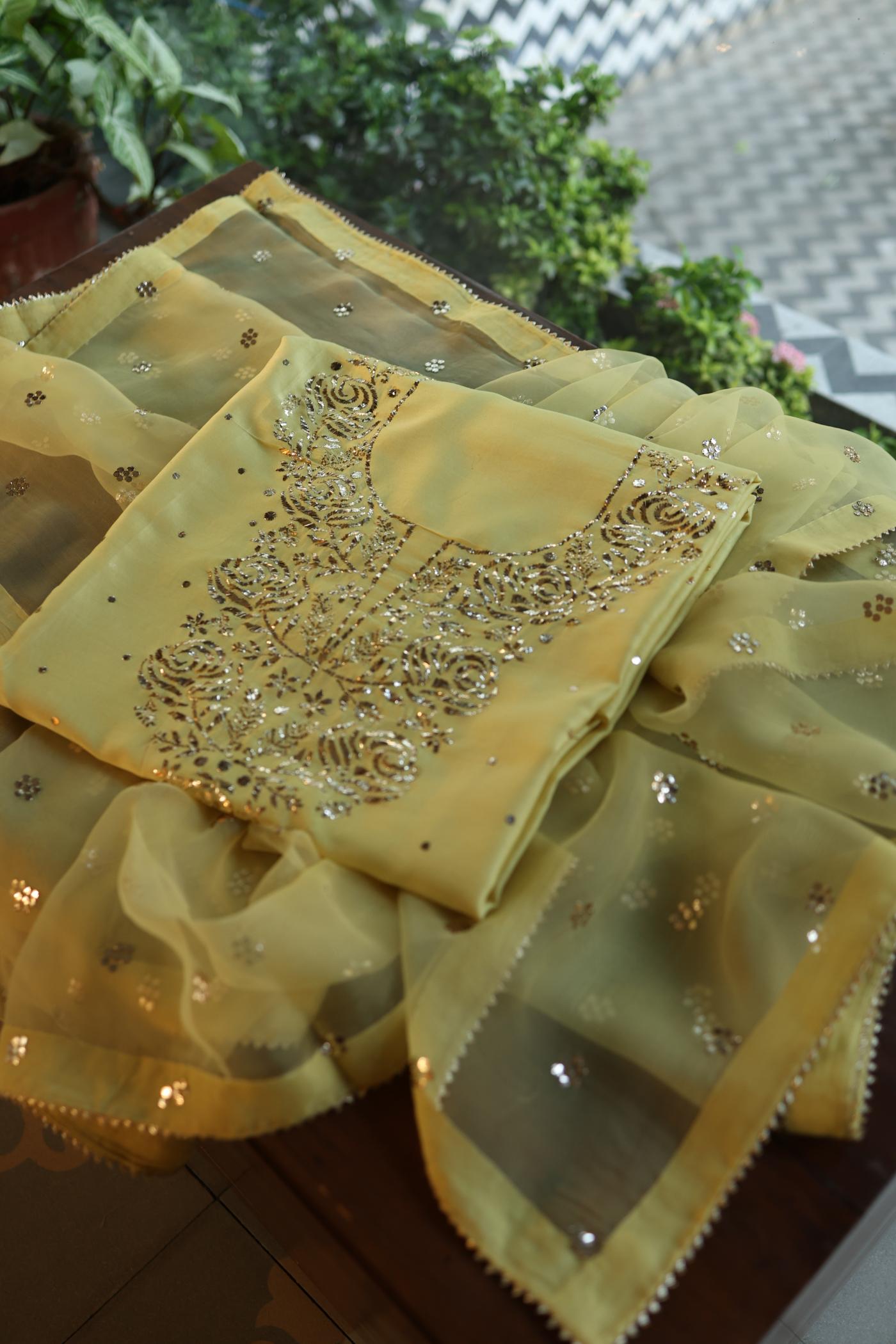 Yellow Shade Chanderi Silk Mukaish Badla Unstitched Fabric
