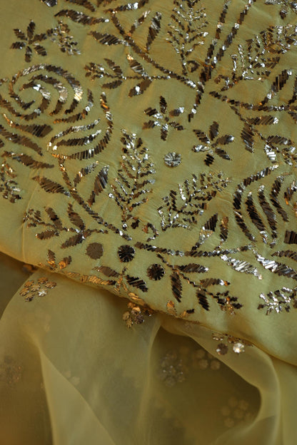 Yellow Shade Chanderi Silk Mukaish Badla Unstitched Fabric