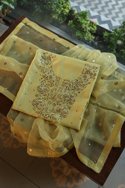 Yellow Shade Chanderi Silk Mukaish Badla Unstitched Fabric