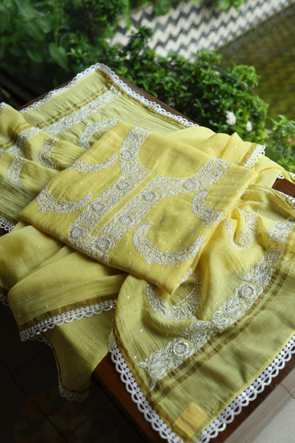 Yellow Shade Crescent Chandbala Chikankari Unstitched Fabric