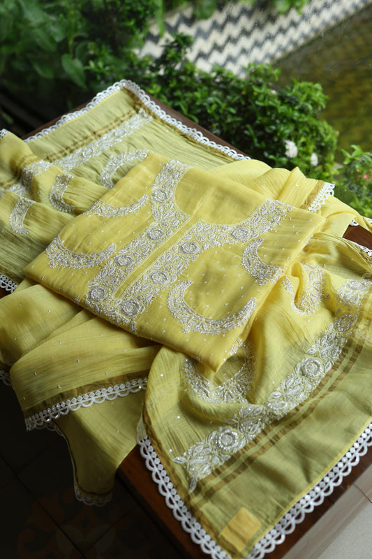 Yellow Shade Crescent Chandbala Chikankari Unstitched Fabric