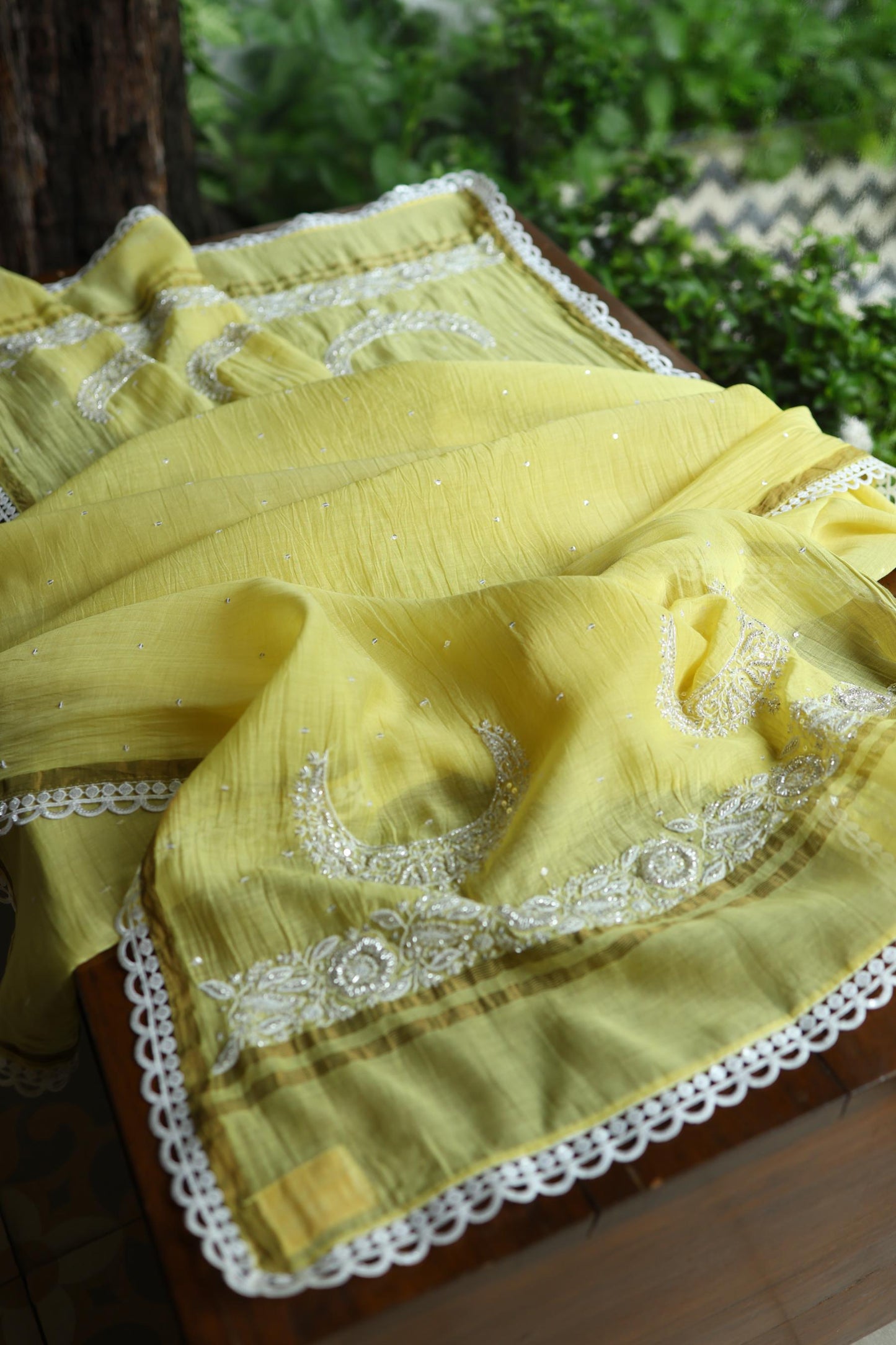 Yellow Shade Crescent Chandbala Chikankari Unstitched Fabric