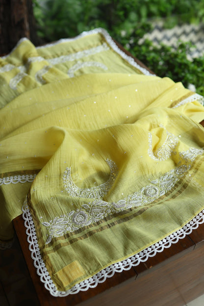 Yellow Shade Crescent Chandbala Chikankari Unstitched Fabric