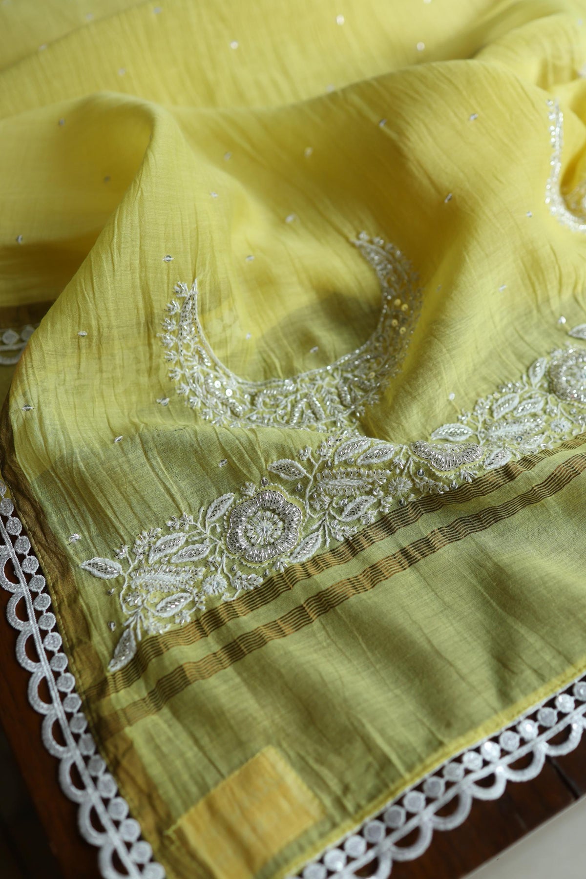 Yellow Shade Crescent Chandbala Chikankari Unstitched Fabric