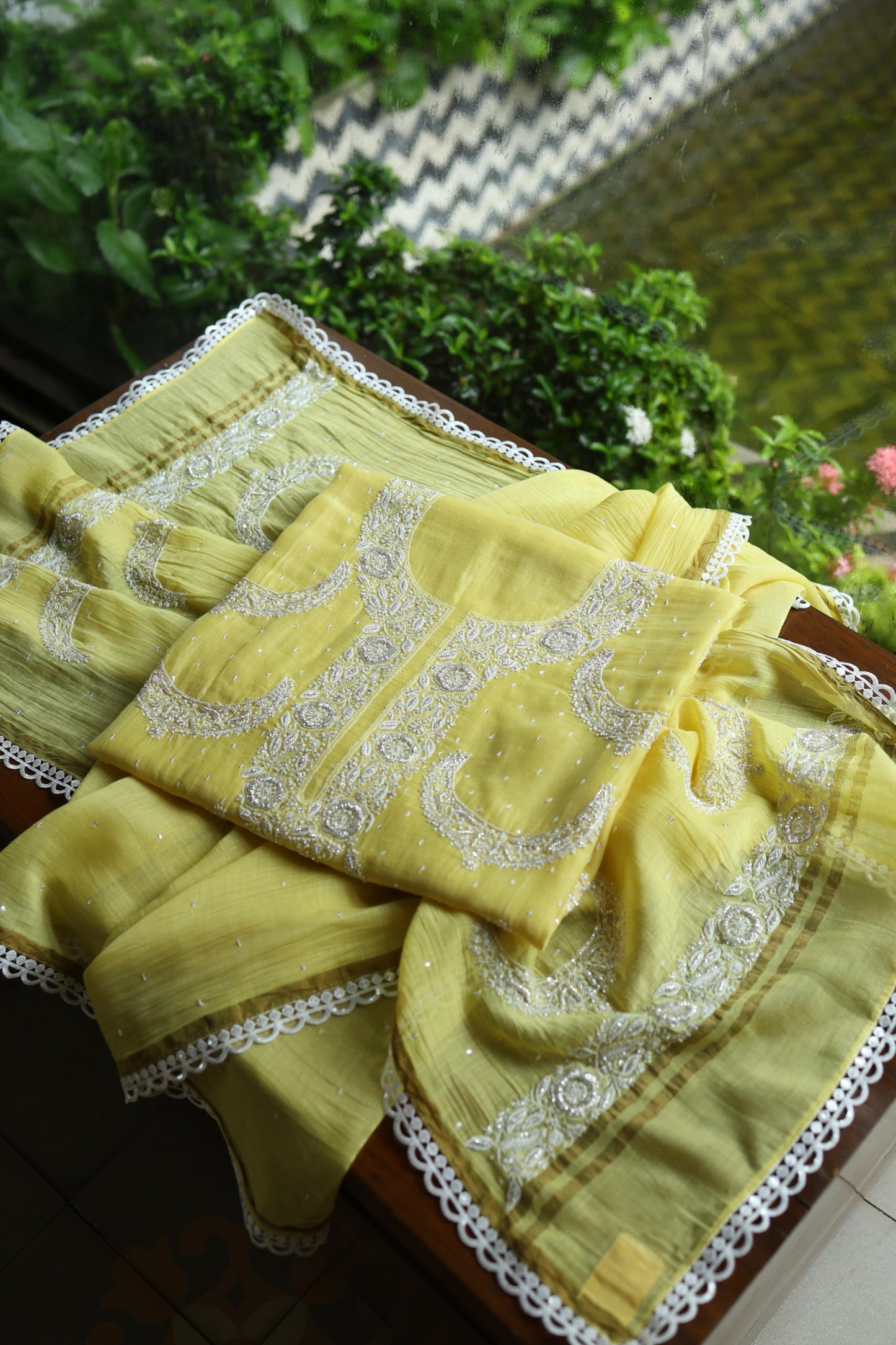 Yellow Shade Crescent Chandbala Chikankari Unstitched Fabric