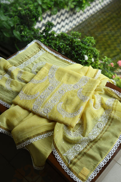 Yellow Shade Crescent Chandbala Chikankari Unstitched Fabric